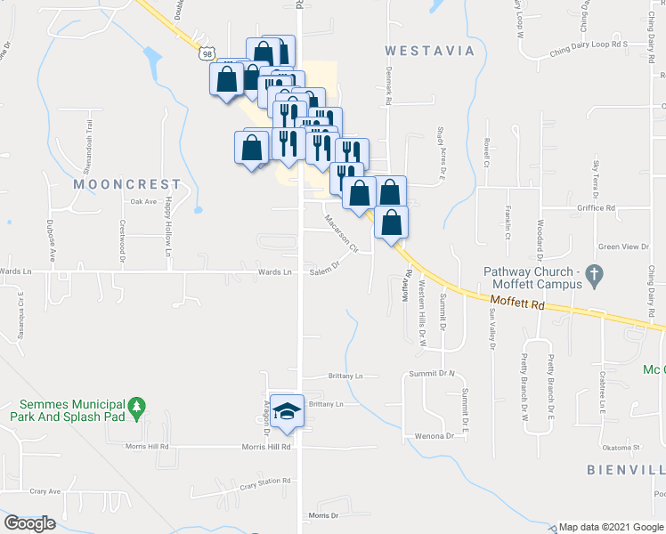 map of restaurants, bars, coffee shops, grocery stores, and more near 7727 Salem Drive in Semmes