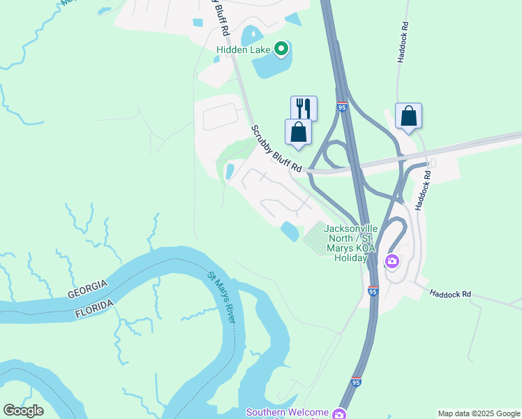 map of restaurants, bars, coffee shops, grocery stores, and more near 245 Pine Bluff Drive in Kingsland