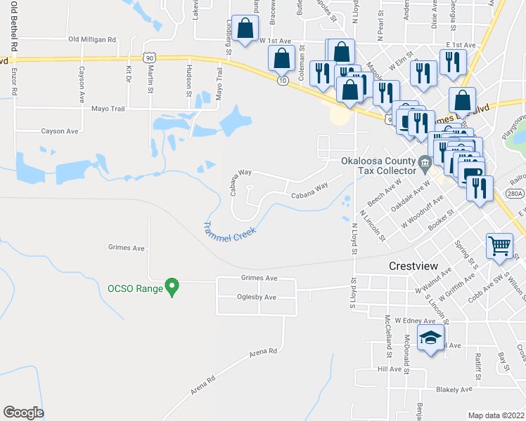 map of restaurants, bars, coffee shops, grocery stores, and more near 178 Cabana Way in Crestview