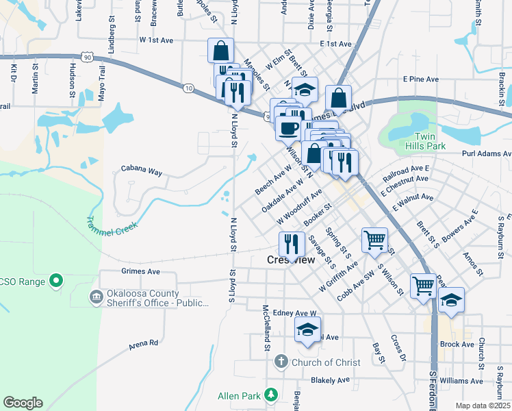 map of restaurants, bars, coffee shops, grocery stores, and more near 342 South Booker Street in Crestview