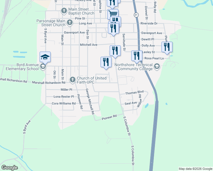 map of restaurants, bars, coffee shops, grocery stores, and more near 1436 Marshall Richardson Road in Bogalusa