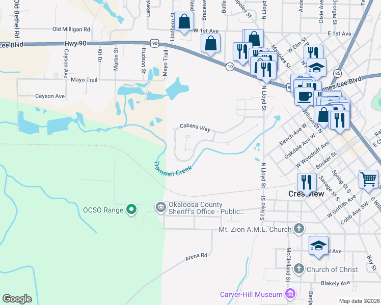map of restaurants, bars, coffee shops, grocery stores, and more near 175 Cabana Way in Crestview