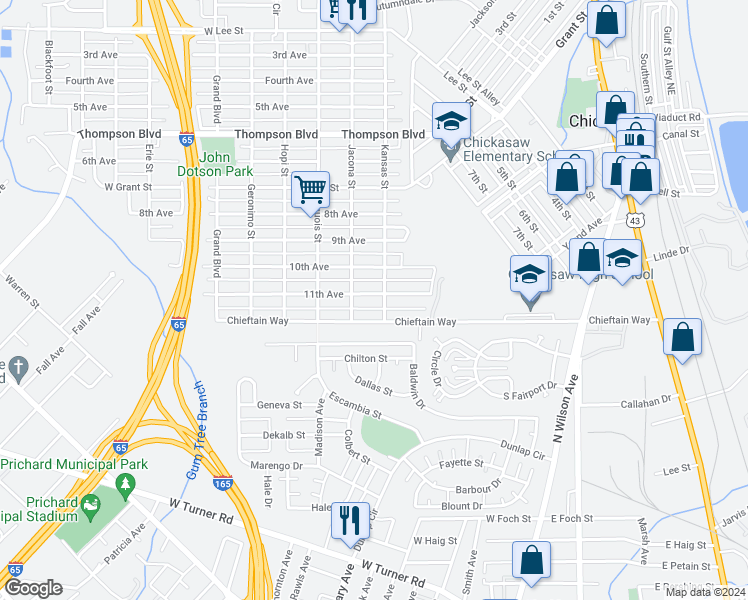 map of restaurants, bars, coffee shops, grocery stores, and more near 105 11th Avenue in Chickasaw