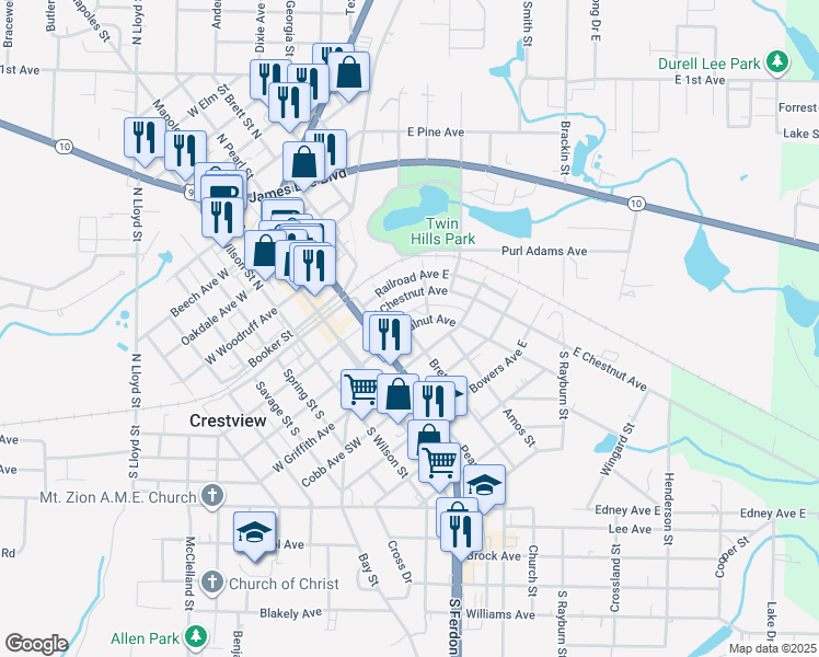 map of restaurants, bars, coffee shops, grocery stores, and more near 351 East Walnut Avenue in Crestview
