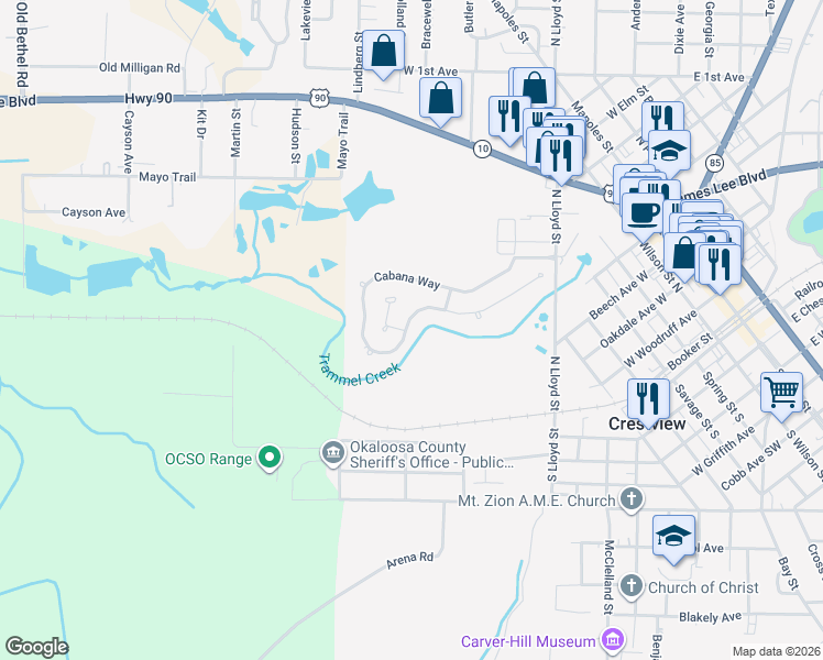 map of restaurants, bars, coffee shops, grocery stores, and more near 184 Cabana Way in Crestview