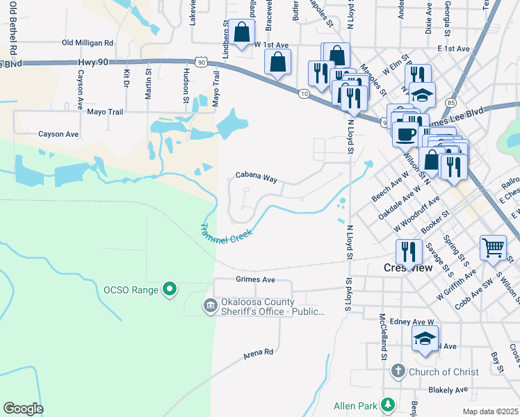 map of restaurants, bars, coffee shops, grocery stores, and more near 180 Cabana Way in Crestview