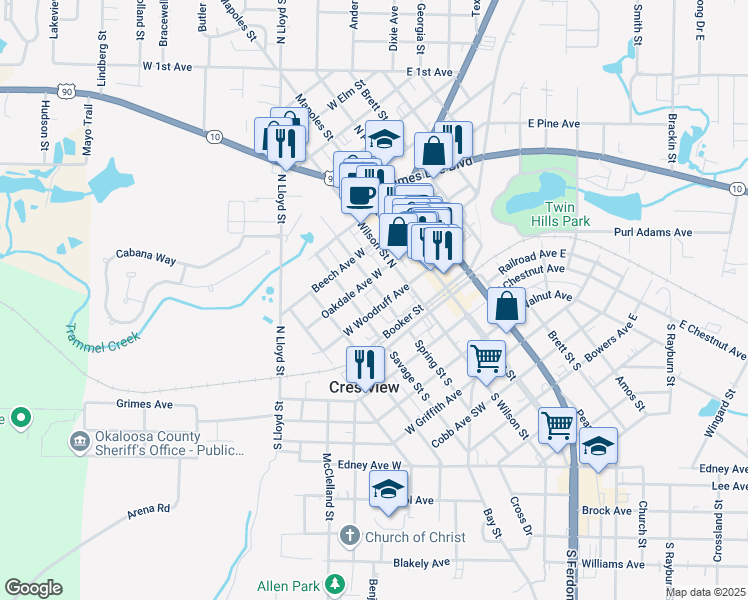 map of restaurants, bars, coffee shops, grocery stores, and more near 292 West Woodruff Avenue in Crestview