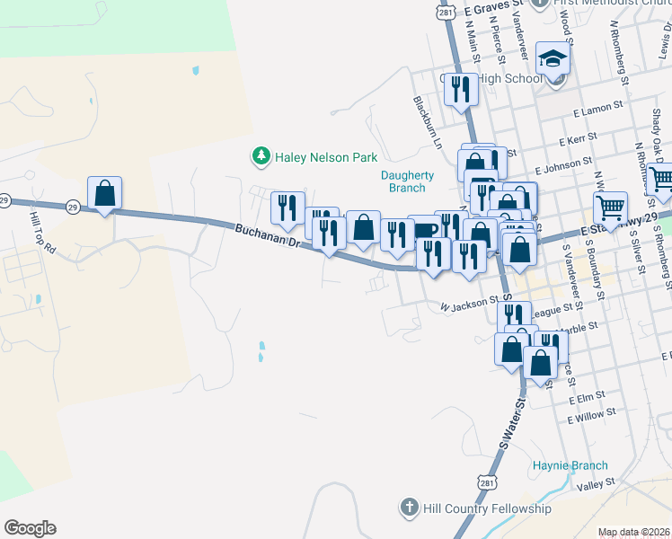 map of restaurants, bars, coffee shops, grocery stores, and more near 633 Buchanan Drive in Burnet