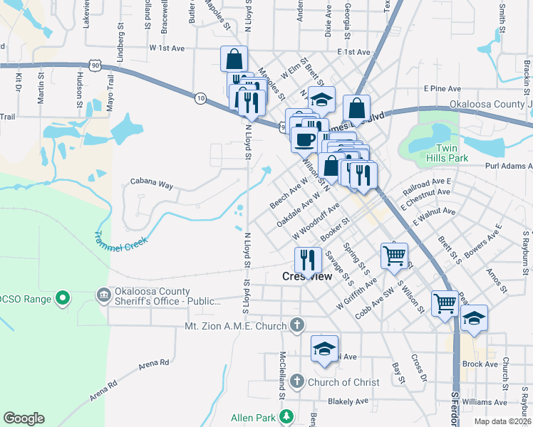 map of restaurants, bars, coffee shops, grocery stores, and more near 398 South Booker Street in Crestview