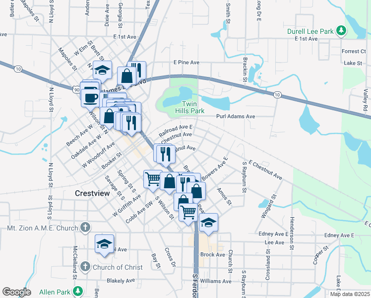 map of restaurants, bars, coffee shops, grocery stores, and more near 351 East Walnut Avenue in Crestview