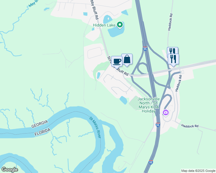 map of restaurants, bars, coffee shops, grocery stores, and more near 245 Pine Bluff Drive in Kingsland
