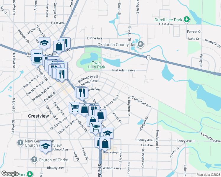 map of restaurants, bars, coffee shops, grocery stores, and more near 701 East Chestnut Avenue in Crestview