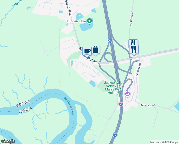 map of restaurants, bars, coffee shops, grocery stores, and more near 227 Pine Bluff Drive in Kingsland