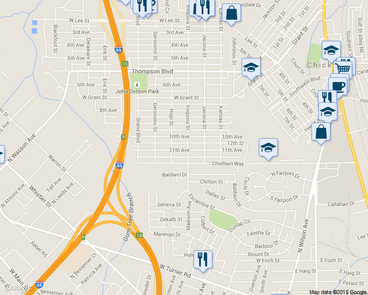 map of restaurants, bars, coffee shops, grocery stores, and more near 202 11th Ave in Chickasaw