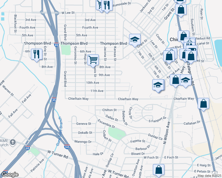 map of restaurants, bars, coffee shops, grocery stores, and more near 104 11th Avenue in Chickasaw
