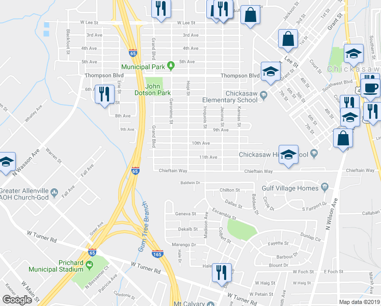map of restaurants, bars, coffee shops, grocery stores, and more near 214 11th Avenue in Mobile