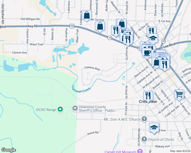 map of restaurants, bars, coffee shops, grocery stores, and more near 184 Cabana Way in Crestview