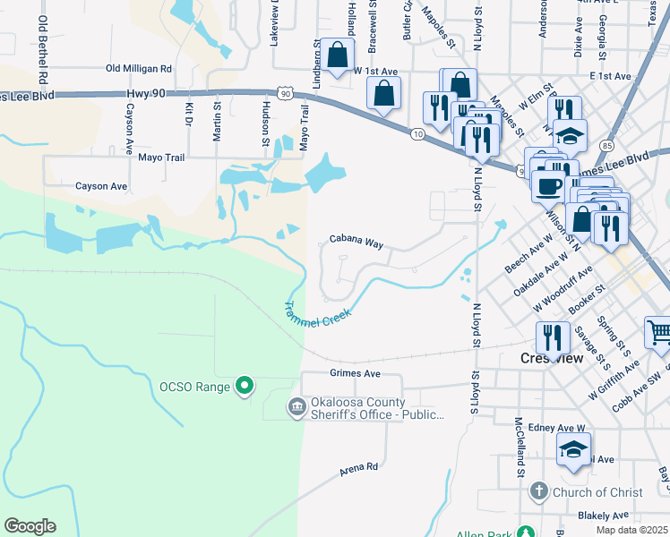 map of restaurants, bars, coffee shops, grocery stores, and more near 409 Winddrift Court in Crestview