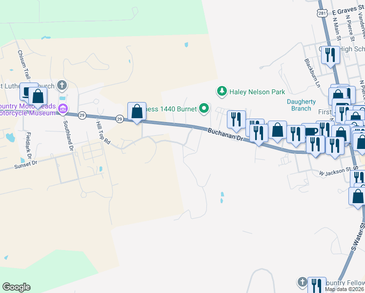 map of restaurants, bars, coffee shops, grocery stores, and more near 208-214 Post Mount Road in Burnet