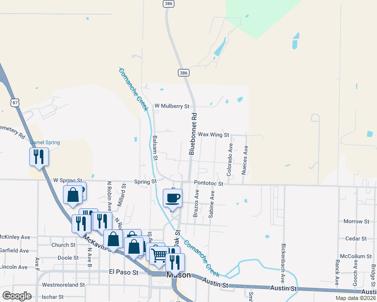 map of restaurants, bars, coffee shops, grocery stores, and more near 716 Bluebonnet Road in Mason