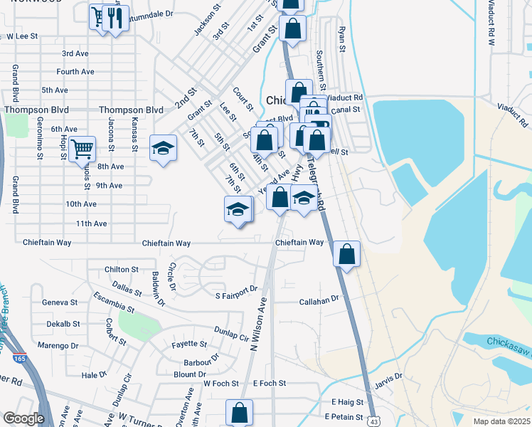 map of restaurants, bars, coffee shops, grocery stores, and more near 13 Chickasaw Circle in Chickasaw