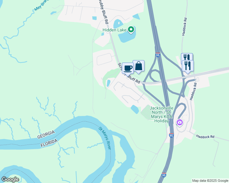 map of restaurants, bars, coffee shops, grocery stores, and more near 245 Pine Bluff Drive in Kingsland