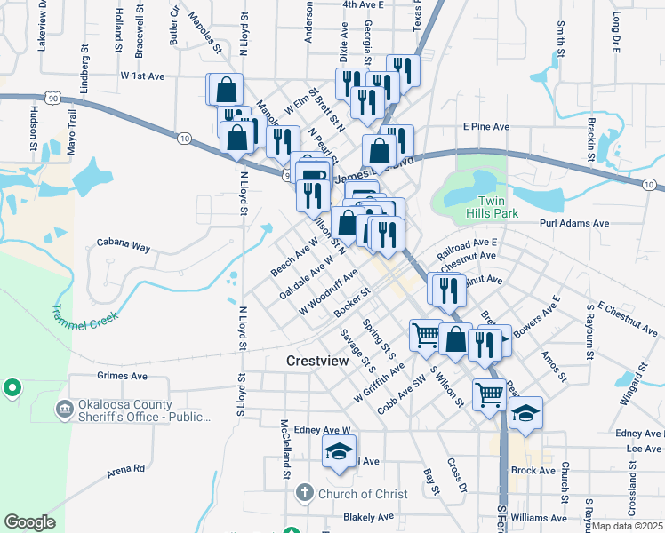map of restaurants, bars, coffee shops, grocery stores, and more near 292 West Woodruff Avenue in Crestview