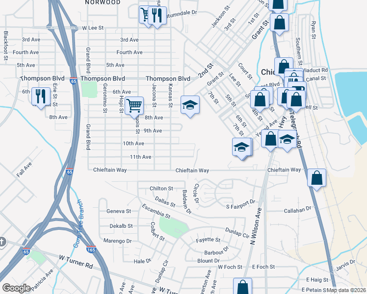 map of restaurants, bars, coffee shops, grocery stores, and more near 58 11th Avenue in Chickasaw