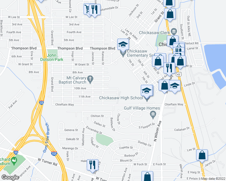 map of restaurants, bars, coffee shops, grocery stores, and more near 57 10th Avenue in Mobile