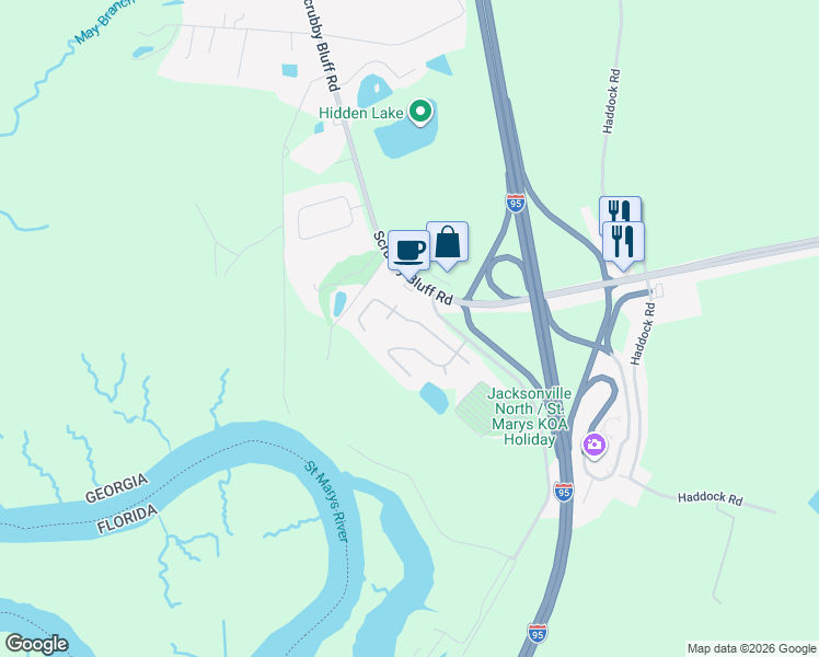 map of restaurants, bars, coffee shops, grocery stores, and more near 227 Pine Bluff Drive in Kingsland