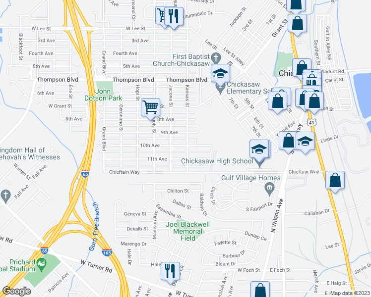 map of restaurants, bars, coffee shops, grocery stores, and more near 101 10th Avenue in Chickasaw