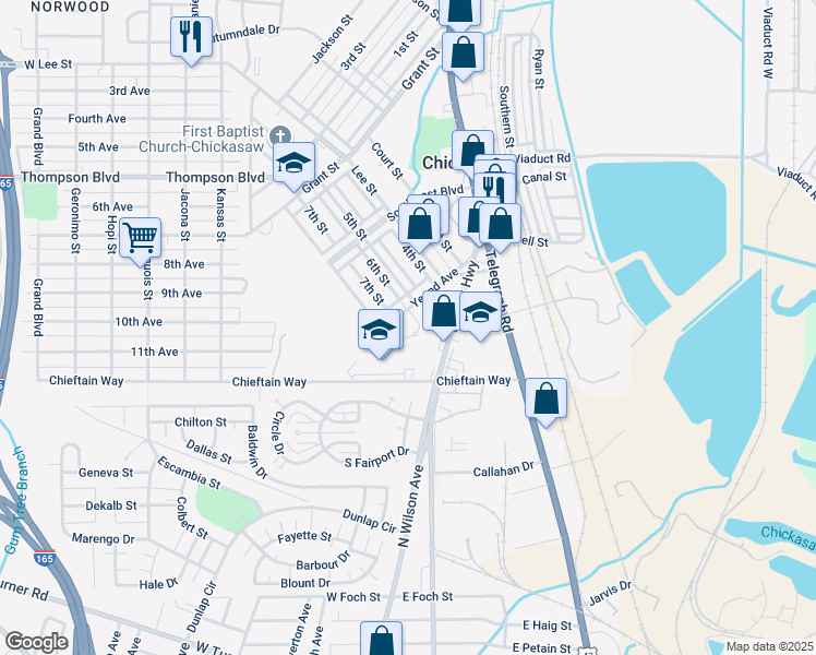 map of restaurants, bars, coffee shops, grocery stores, and more near 11 Chickasaw Circle in Mobile