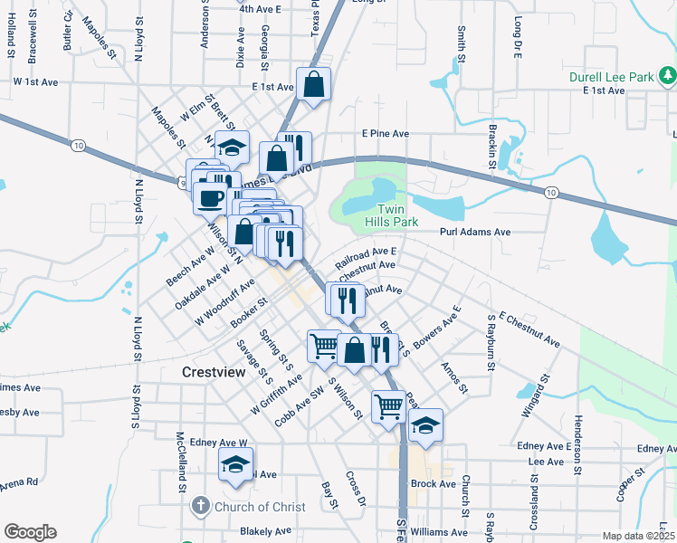 map of restaurants, bars, coffee shops, grocery stores, and more near 160 Brett Street South in Crestview