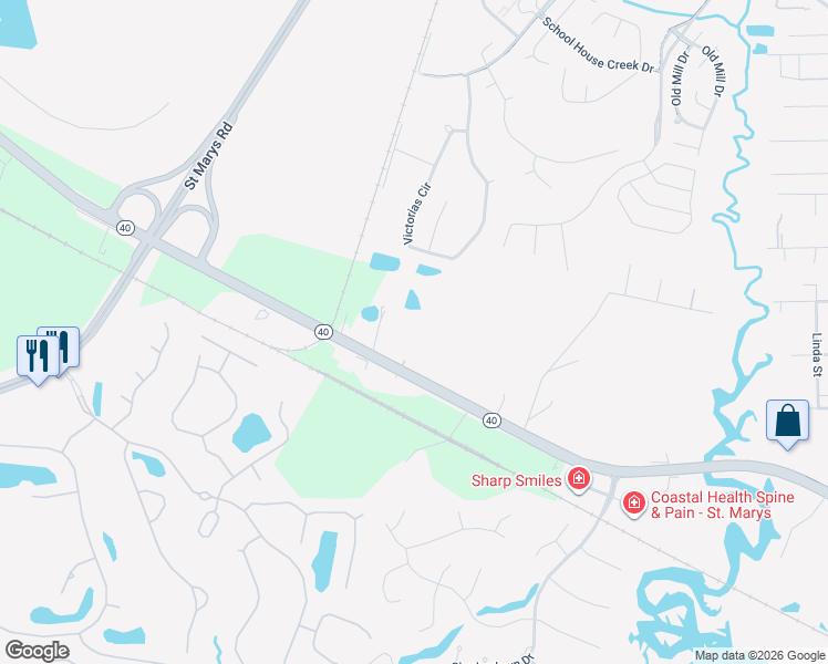 map of restaurants, bars, coffee shops, grocery stores, and more near 4450 Georgia 40 in St. Marys