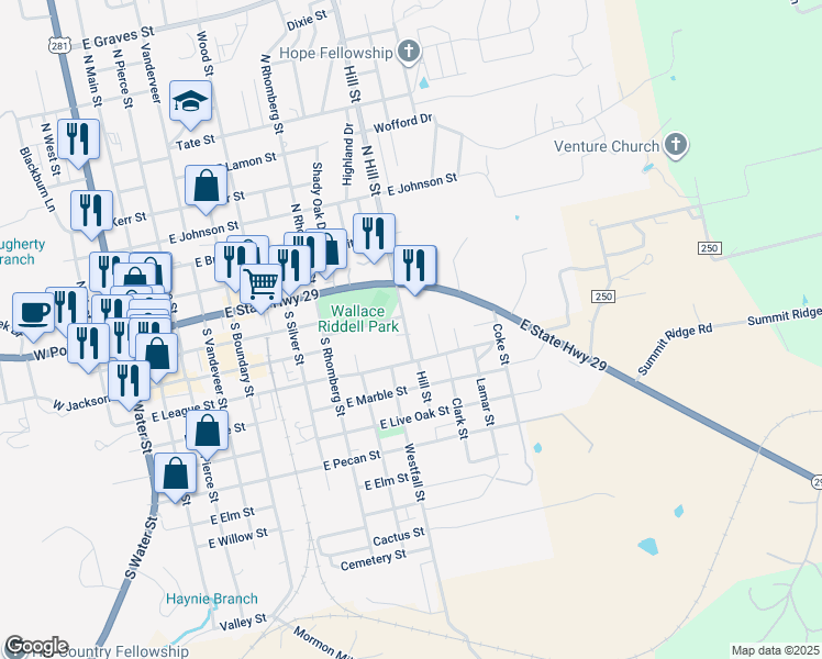 map of restaurants, bars, coffee shops, grocery stores, and more near 1008 East League Street in Burnet