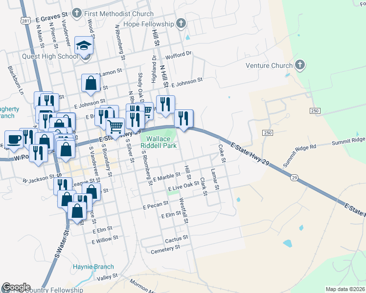map of restaurants, bars, coffee shops, grocery stores, and more near 1008 East League Street in Burnet