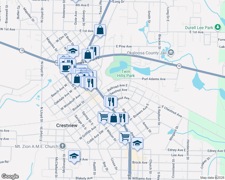map of restaurants, bars, coffee shops, grocery stores, and more near 327 Railroad Avenue East in Crestview