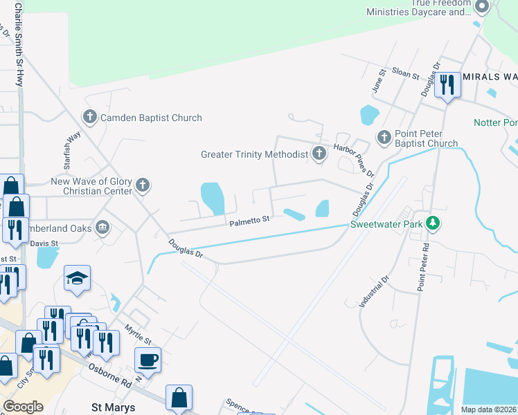 map of restaurants, bars, coffee shops, grocery stores, and more near 311 Palmetto Street in Saint Marys