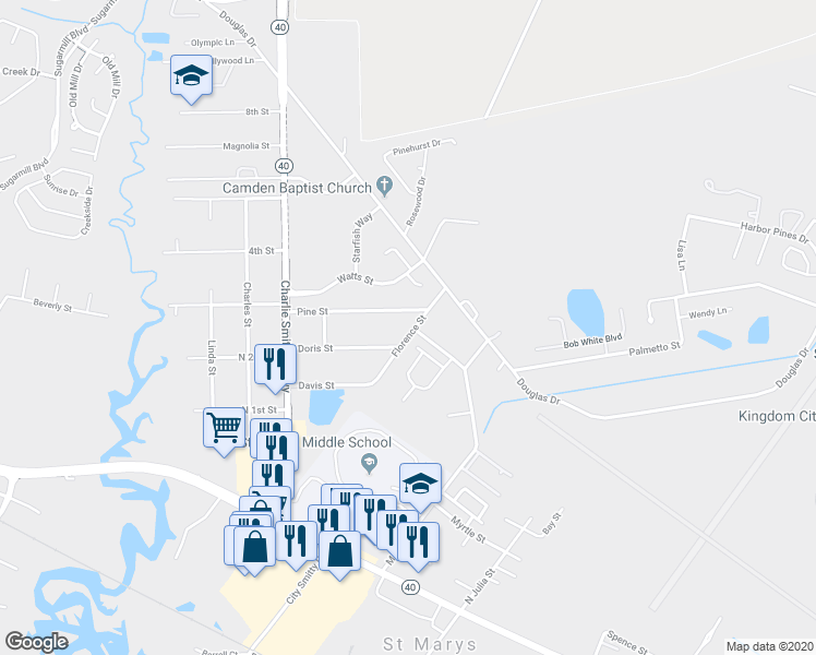 map of restaurants, bars, coffee shops, grocery stores, and more near 203 Florence Street in Saint Marys