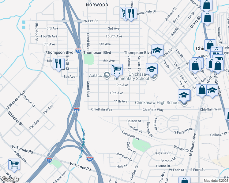 map of restaurants, bars, coffee shops, grocery stores, and more near 206 10th Avenue in Chickasaw