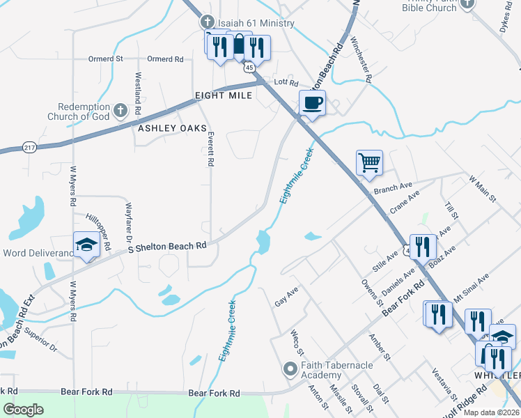 map of restaurants, bars, coffee shops, grocery stores, and more near 1936 South Shelton Beach Road in Prichard