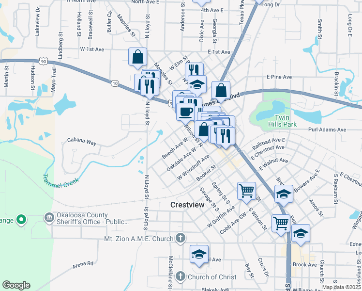 map of restaurants, bars, coffee shops, grocery stores, and more near 452 North Spring Street in Crestview