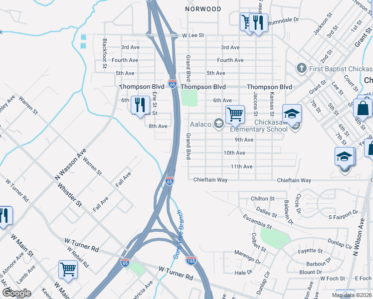 map of restaurants, bars, coffee shops, grocery stores, and more near 155 Grand Boulevard in Chickasaw