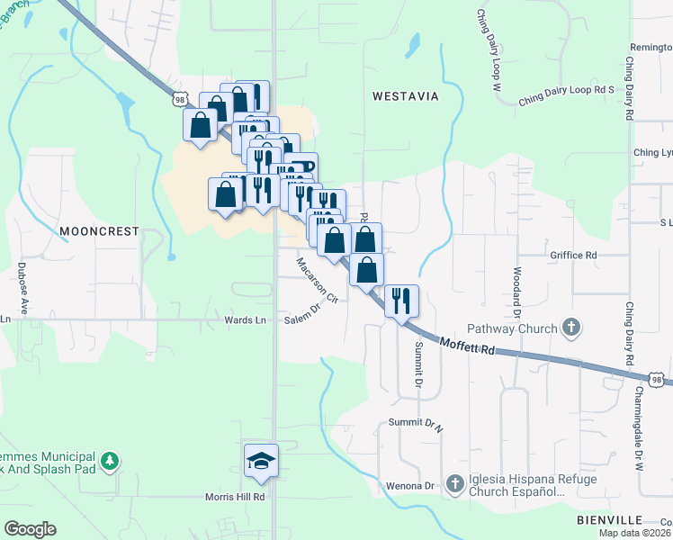 map of restaurants, bars, coffee shops, grocery stores, and more near 7671 Moffett Road in Mobile