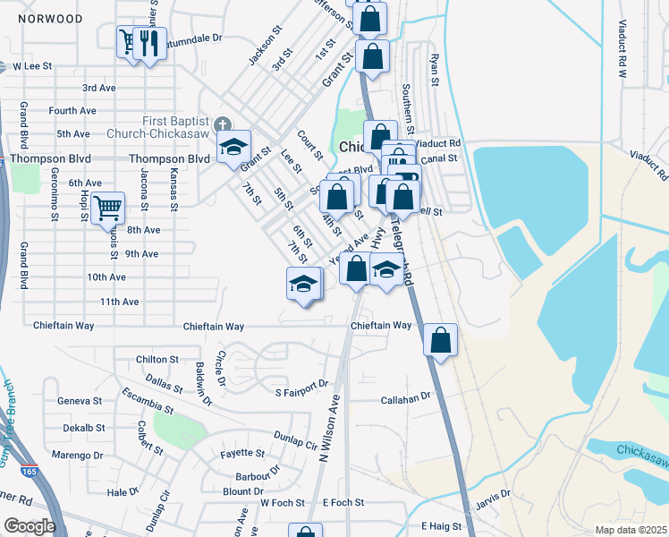 map of restaurants, bars, coffee shops, grocery stores, and more near 5 Chickasaw Circle in Chickasaw