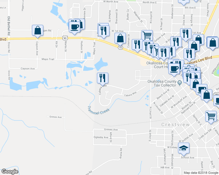 map of restaurants, bars, coffee shops, grocery stores, and more near 133 Cabana Way in Crestview