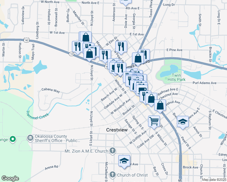 map of restaurants, bars, coffee shops, grocery stores, and more near 300 Beech Avenue West in Crestview