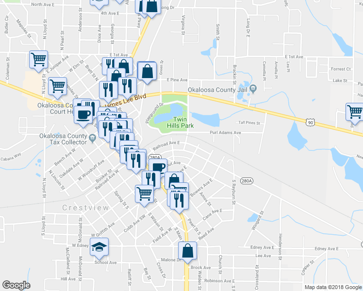 map of restaurants, bars, coffee shops, grocery stores, and more near 498 East Chestnut Avenue in Crestview