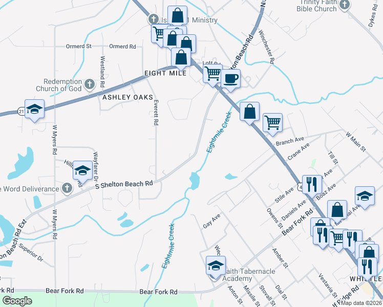 map of restaurants, bars, coffee shops, grocery stores, and more near 1916 South Shelton Beach Road in Prichard