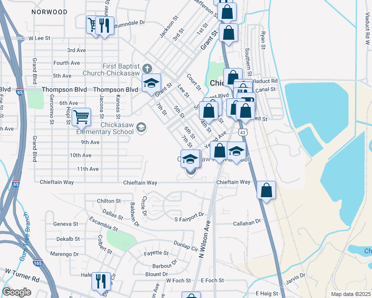 map of restaurants, bars, coffee shops, grocery stores, and more near 324 7th Street in Chickasaw